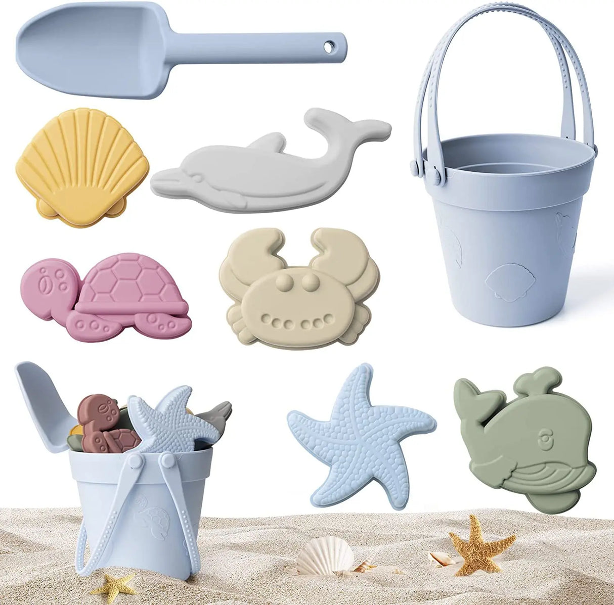 Silicone Beach Toys Set Kids Travel Friendly Beach Silicone Bucket Shovel Sand Molds Beach Bag Silicone Sand Toys for Toddlers