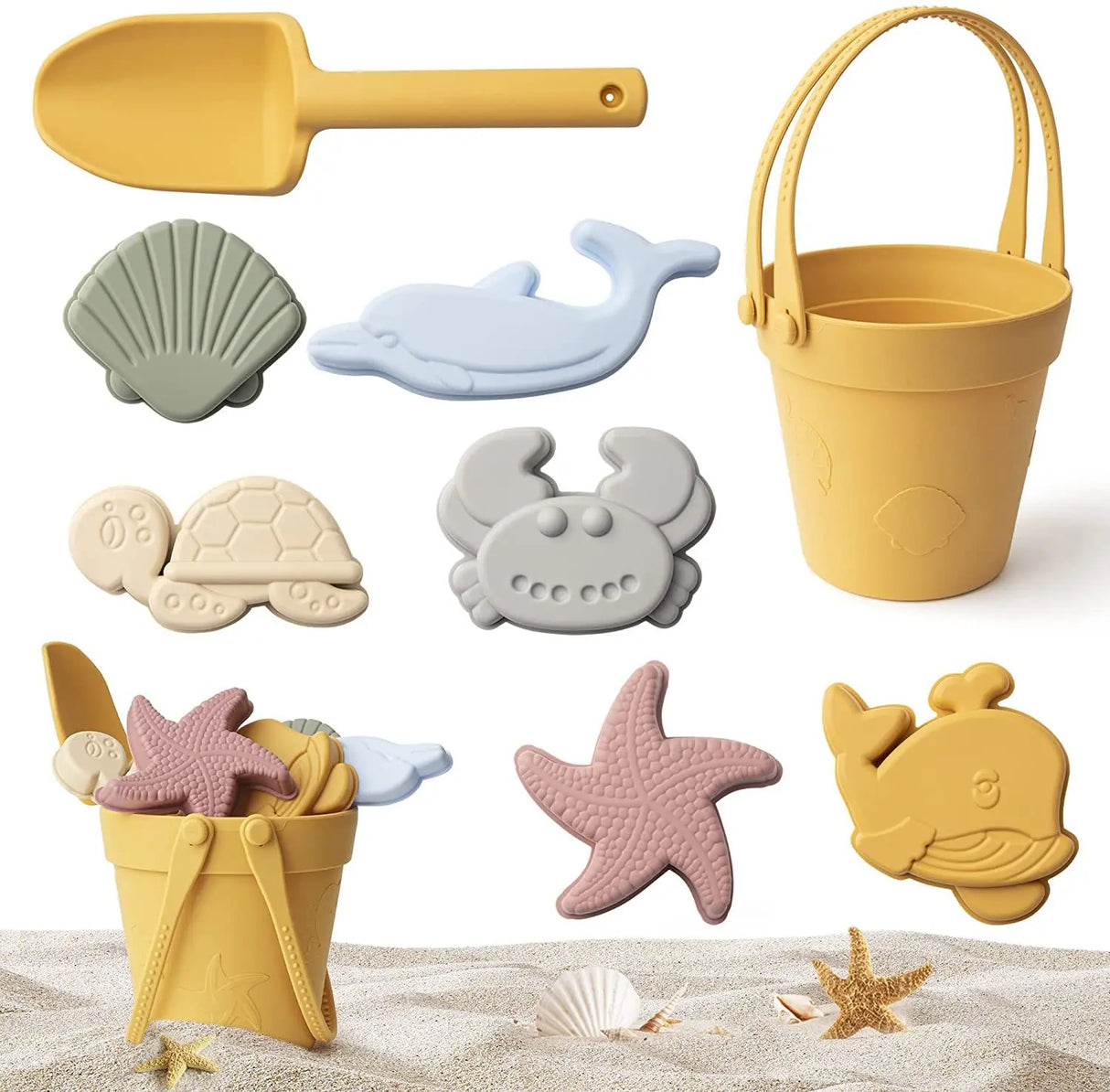 Silicone Beach Toys Set Kids Travel Friendly Beach Silicone Bucket Shovel Sand Molds Beach Bag Silicone Sand Toys for Toddlers