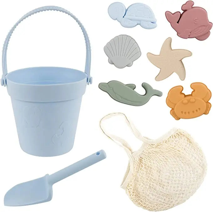 Silicone Beach Toys Set Kids Travel Friendly Beach Silicone Bucket Shovel Sand Molds Beach Bag Silicone Sand Toys for Toddlers