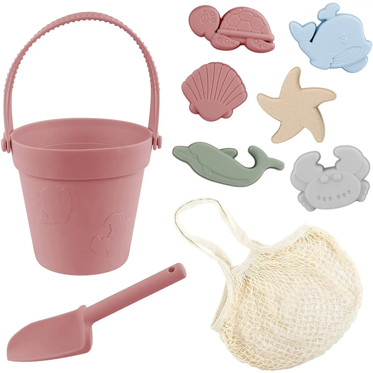 Silicone Beach Toys Set Kids Travel Friendly Beach Silicone Bucket Shovel Sand Molds Beach Bag Silicone Sand Toys for Toddlers