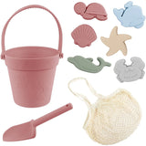 Silicone Beach Toys Set Kids Travel Friendly Beach Silicone Bucket Shovel Sand Molds Beach Bag Silicone Sand Toys for Toddlers