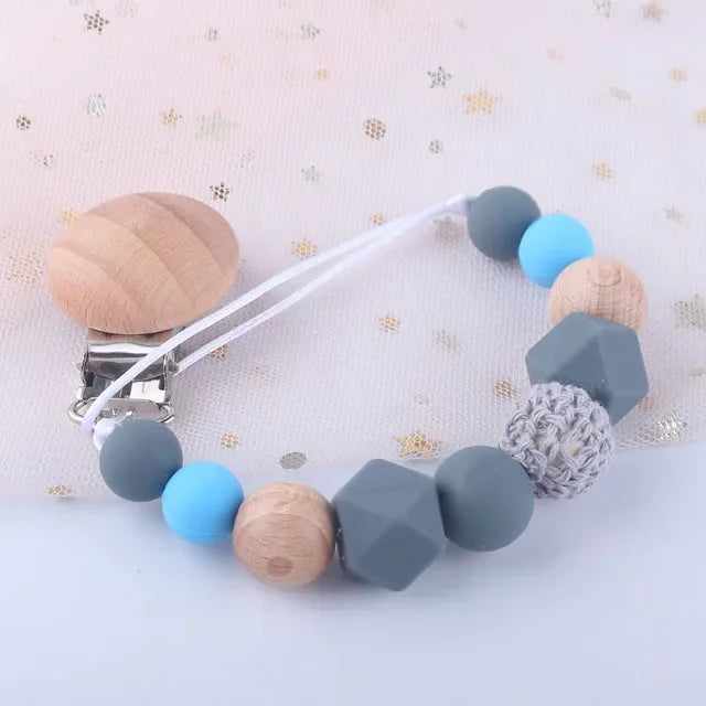 Silicone Dummy Clips Baby Pacifier Leashes & Cases  Infant Teething Toys Beech Cartoon Wooden Chewable Toy Newborn Shower Gifts