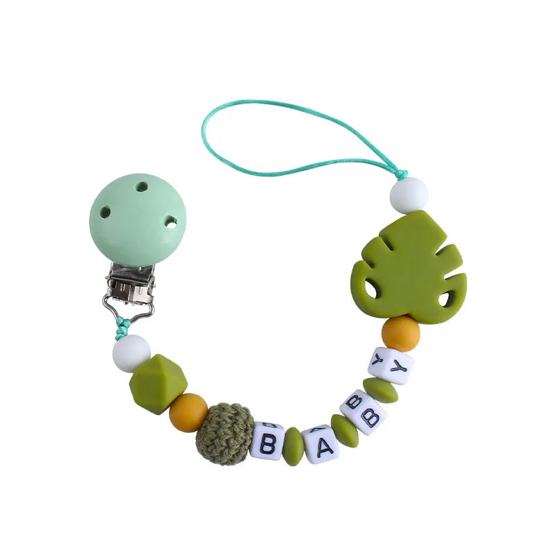 Silicone Leaf Beads Teether Toys Dummy Holder English Name Pacifier Chain Baby Pacifier Clips Chain Customized Accessories