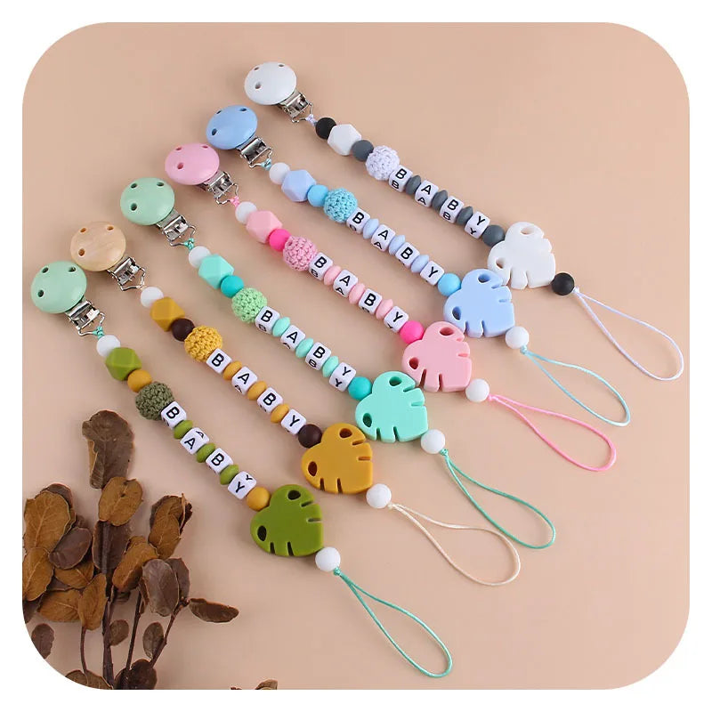 Silicone Leaf Beads Teether Toys Dummy Holder English Name Pacifier Chain Baby Pacifier Clips Chain Customized Accessories