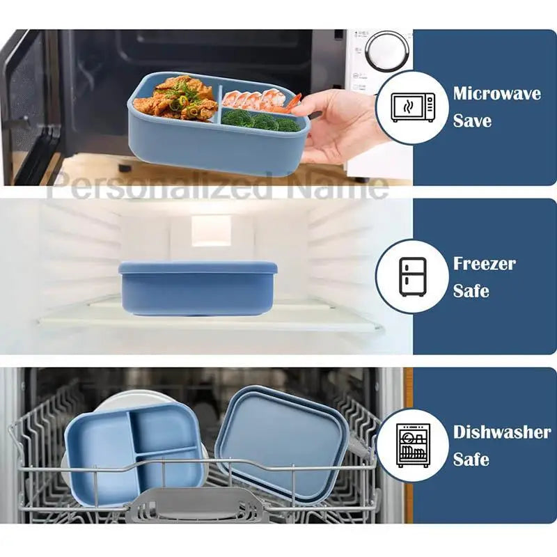 Silicone Lunch Box 3 Compartment Personalized Name Bento Box Leakproof Silicone Lunch Box Kids Divider Portable Picnic Food Box