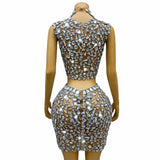 Silver Big Rhinestones Shining Top Skirt Set Sexy Transparent Crystals Outfit Birthday Party Collections xingguang