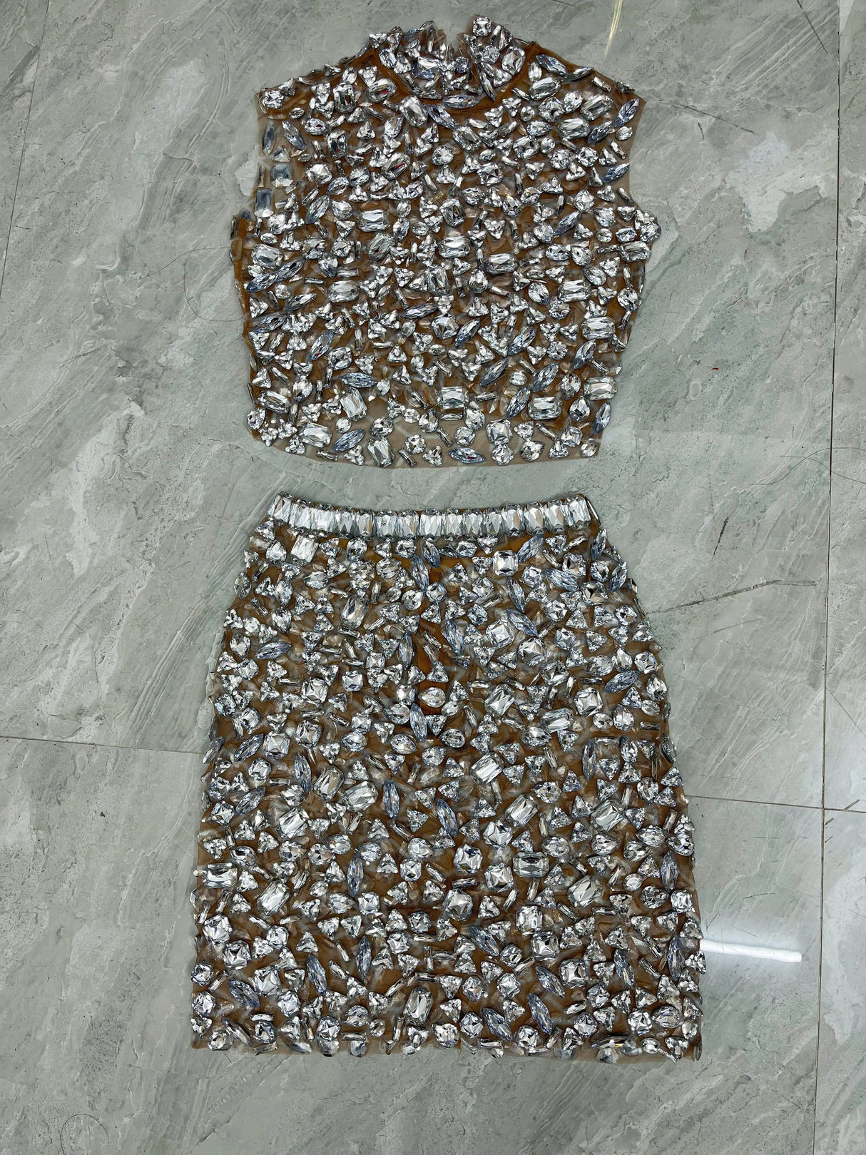 Silver Big Rhinestones Shining Top Skirt Set Sexy Transparent Crystals Outfit Birthday Party Collections xingguang