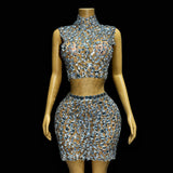 Silver Big Rhinestones Shining Top Skirt Set Sexy Transparent Crystals Outfit Birthday Party Collections xingguang