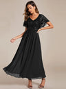 Simple Evening Dresses Short Ruffles Sleeves V Neck Knee-Length 2024 of A-line silhouette  Navy Blue Mother of the Bride Dress