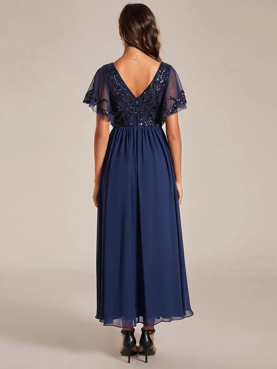 Simple Evening Dresses Short Ruffles Sleeves V Neck Knee-Length 2024 of A-line silhouette  Navy Blue Mother of the Bride Dress