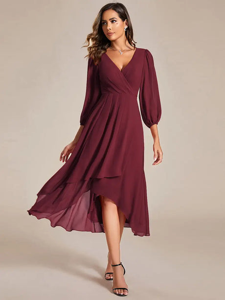 Simple Evening Dresses V-neck Long Sleeves Pleated Ruffles Knee-Length 2024 BAZIIINGAAA of Chiffon Burnt Orange Bridesmaid Dress