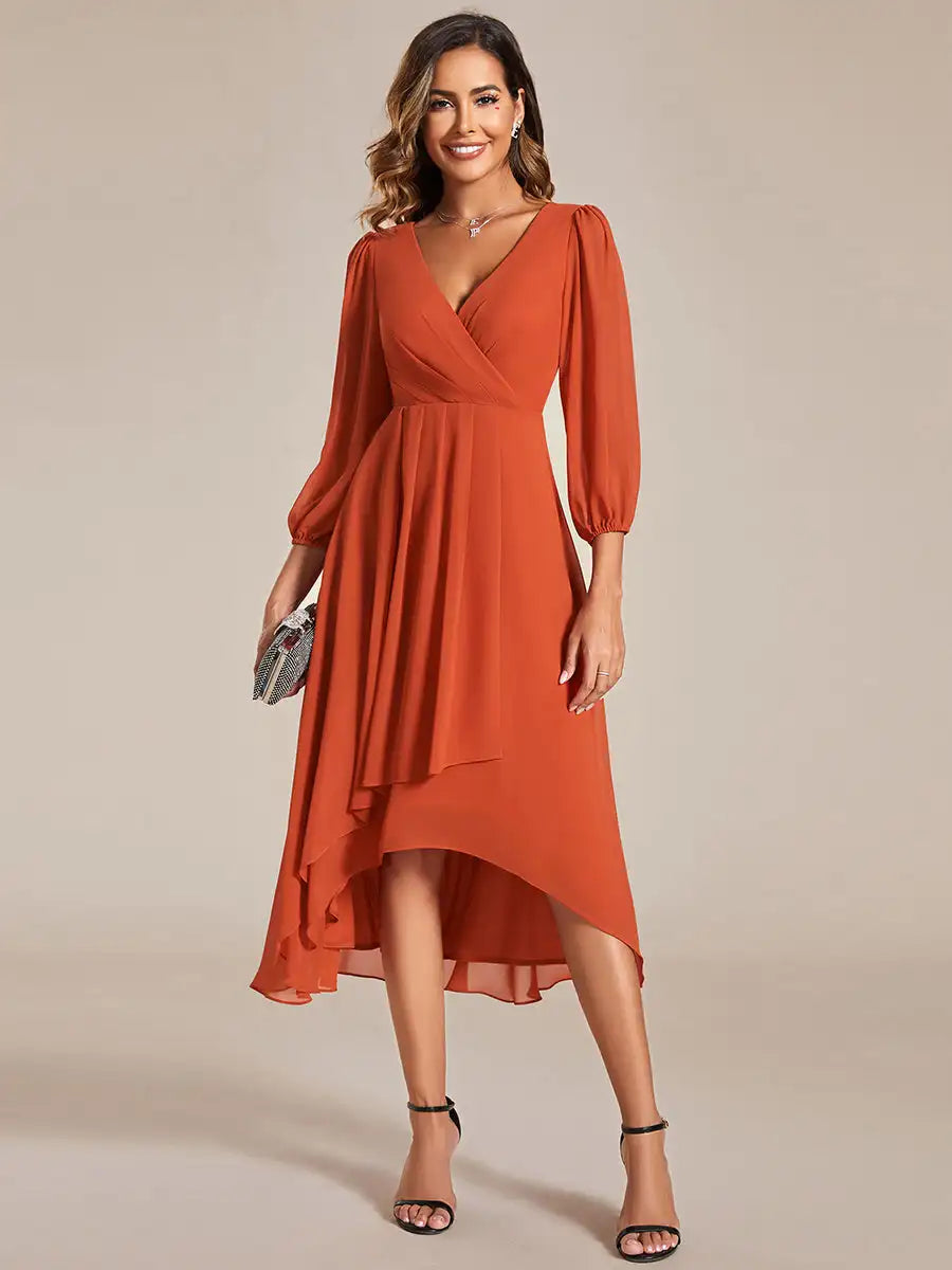 Simple Evening Dresses V-neck Long Sleeves Pleated Ruffles Knee-Length 2024 BAZIIINGAAA of Chiffon Burnt Orange Bridesmaid Dress