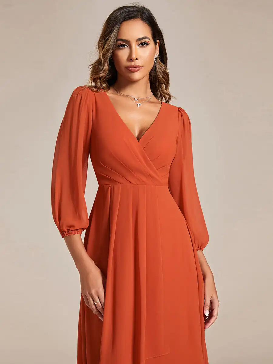 Simple Evening Dresses V-neck Long Sleeves Pleated Ruffles Knee-Length 2024 BAZIIINGAAA of Chiffon Burnt Orange Bridesmaid Dress