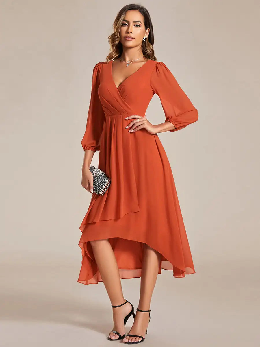 Simple Evening Dresses V-neck Long Sleeves Pleated Ruffles Knee-Length 2024 BAZIIINGAAA of Chiffon Burnt Orange Bridesmaid Dress