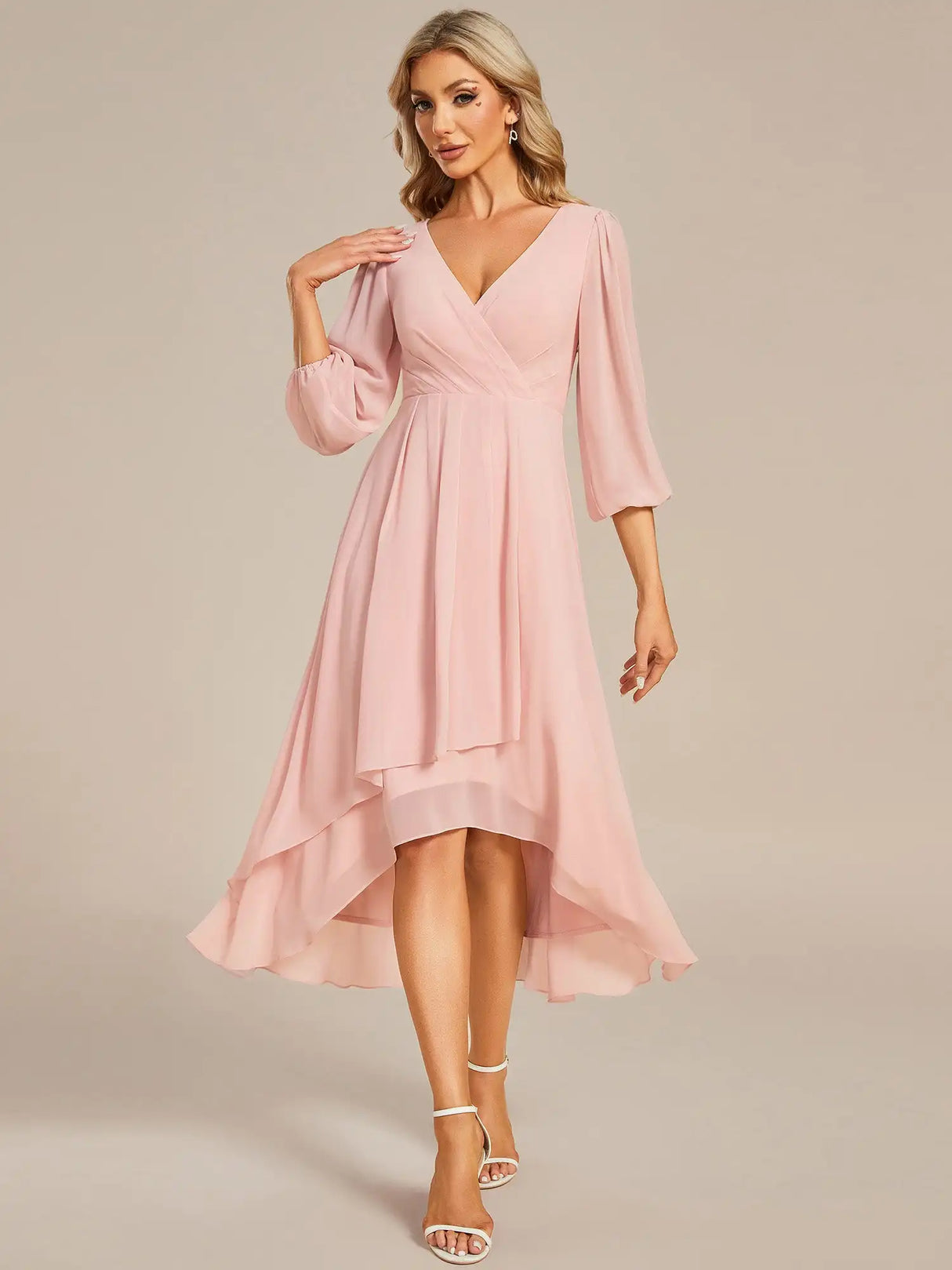 Simple Evening Dresses V-neck Long Sleeves Pleated Ruffles Knee-Length 2024 BAZIIINGAAA of Chiffon Burnt Orange Bridesmaid Dress