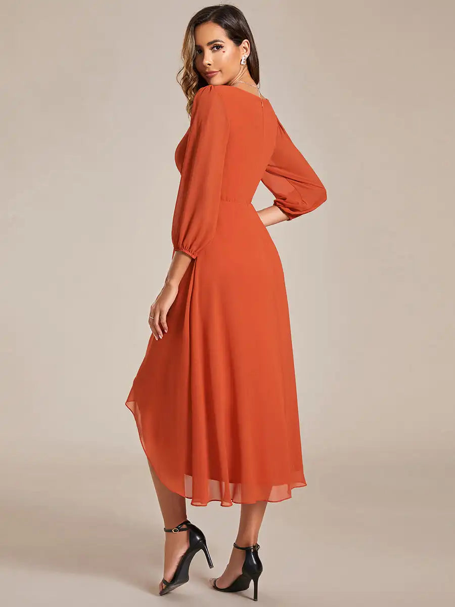 Simple Evening Dresses V-neck Long Sleeves Pleated Ruffles Knee-Length 2024 BAZIIINGAAA of Chiffon Burnt Orange Bridesmaid Dress