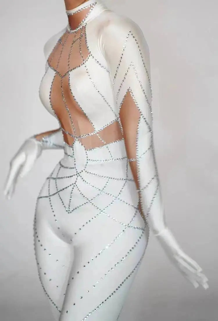 Singer Show Sequins Jumpsuit White Stretch Pole Dance Costume Drag Queen Outfit Singer Dancer Performance Wear