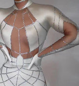 Singer Show Sequins Jumpsuit White Stretch Pole Dance Costume Drag Queen Outfit Singer Dancer Performance Wear