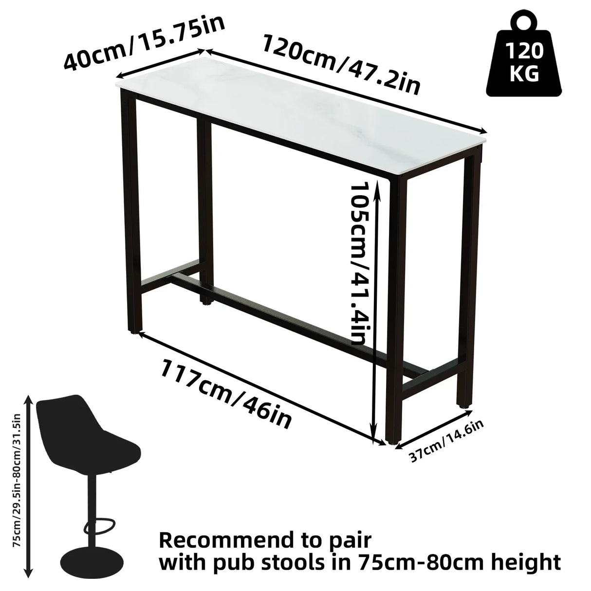 Sintered Stone Bar Table White Rectangle Counter Height Dining Table with Black Metal Frame High Top Pub Tables for Narrow