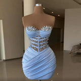 Sky Blue Cocktail Dresses 2024 Sweetheart Bead Sheath Mini Evening Formal Gown Pleat Satin Elegant Dress Women For Wedding Party