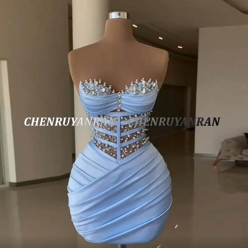 Sky Blue Cocktail Dresses 2024 Sweetheart Bead Sheath Mini Evening Formal Gown Pleat Satin Elegant Dress Women For Wedding Party