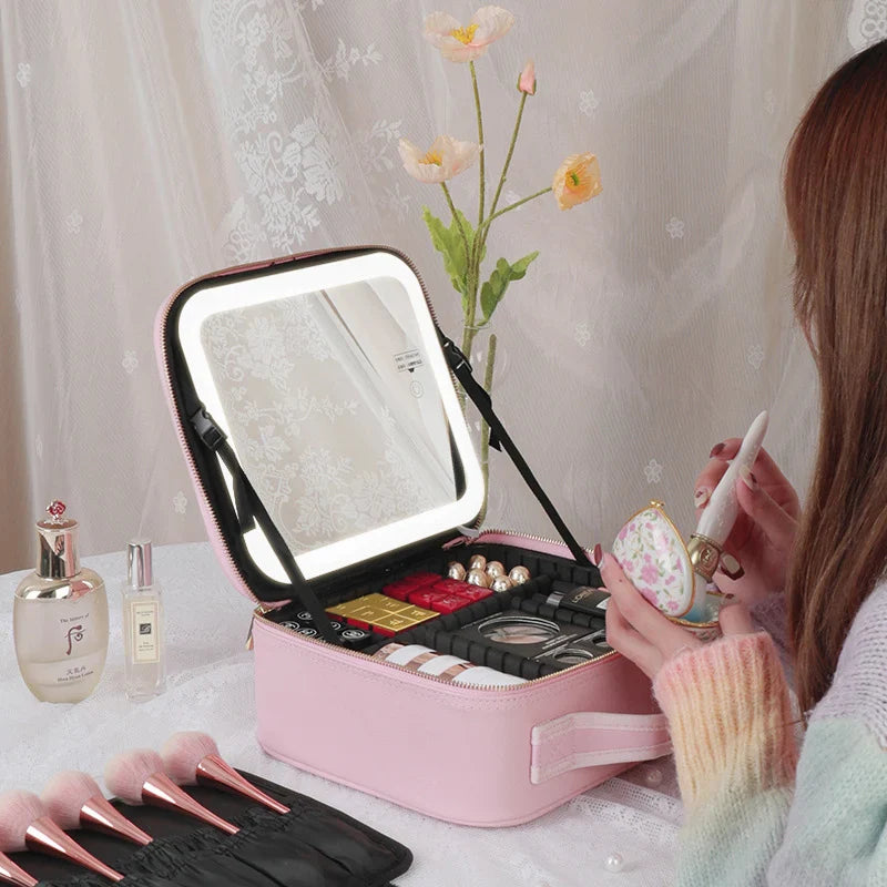 Smart LED Cosmetic Case with Mirror Cosmetic Bag Travel Makeup Bags for Women Fashion Portable Storage Bag Travel Makeup Bags