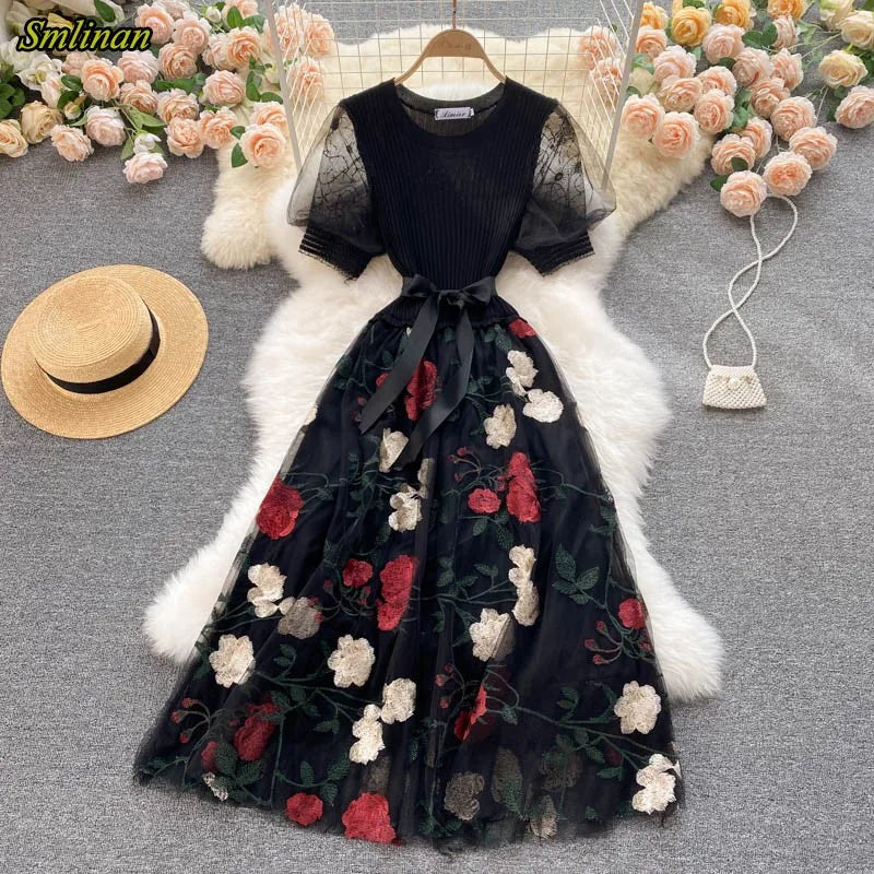 Smlinan Summer Patchwork Embroidery Floral Mesh Dress Women O Neck Short Sleeve Bandgae Midi Dress Elegant Evening Party Dresses