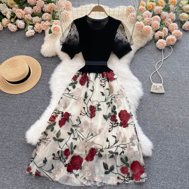 Smlinan Summer Patchwork Embroidery Floral Mesh Dress Women O Neck Short Sleeve Bandgae Midi Dress Elegant Evening Party Dresses