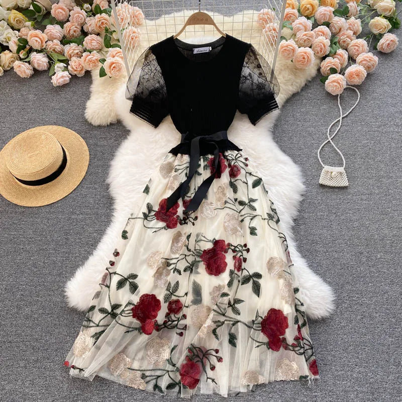 Smlinan Summer Patchwork Embroidery Floral Mesh Dress Women O Neck Short Sleeve Bandgae Midi Dress Elegant Evening Party Dresses