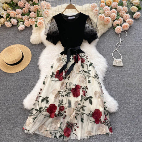 Smlinan Summer Patchwork Embroidery Floral Mesh Dress Women O Neck Short Sleeve Bandgae Midi Dress Elegant Evening Party Dresses