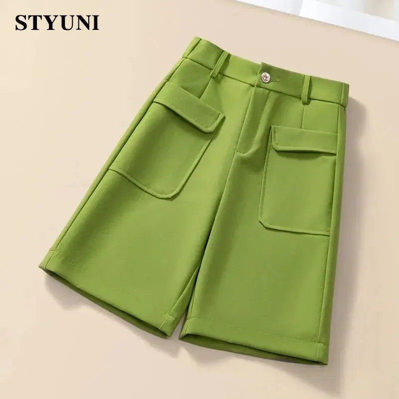 Solid Casual Straight Wide-Leg Korean Fashion Women's Shorts High Waist Button Korean Fashion Summer Spring 2024 Shorts Women