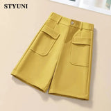 Solid Casual Straight Wide-Leg Korean Fashion Women's Shorts High Waist Button Korean Fashion Summer Spring 2024 Shorts Women