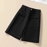 Solid Casual Straight Wide-Leg Korean Fashion Women's Shorts High Waist Button Korean Fashion Summer Spring 2024 Shorts Women