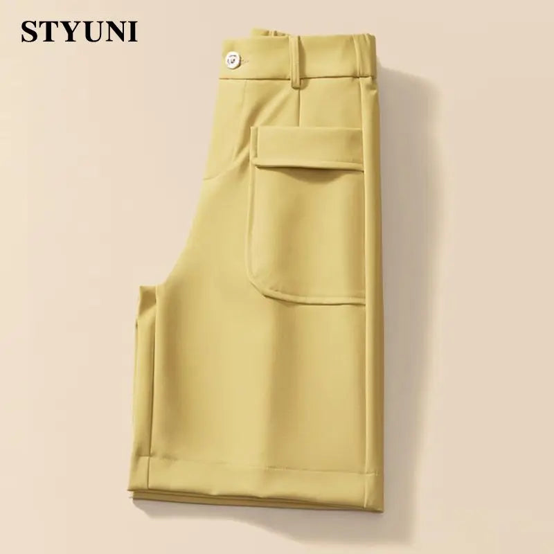 Solid Casual Straight Wide-Leg Korean Fashion Women's Shorts High Waist Button Korean Fashion Summer Spring 2024 Shorts Women