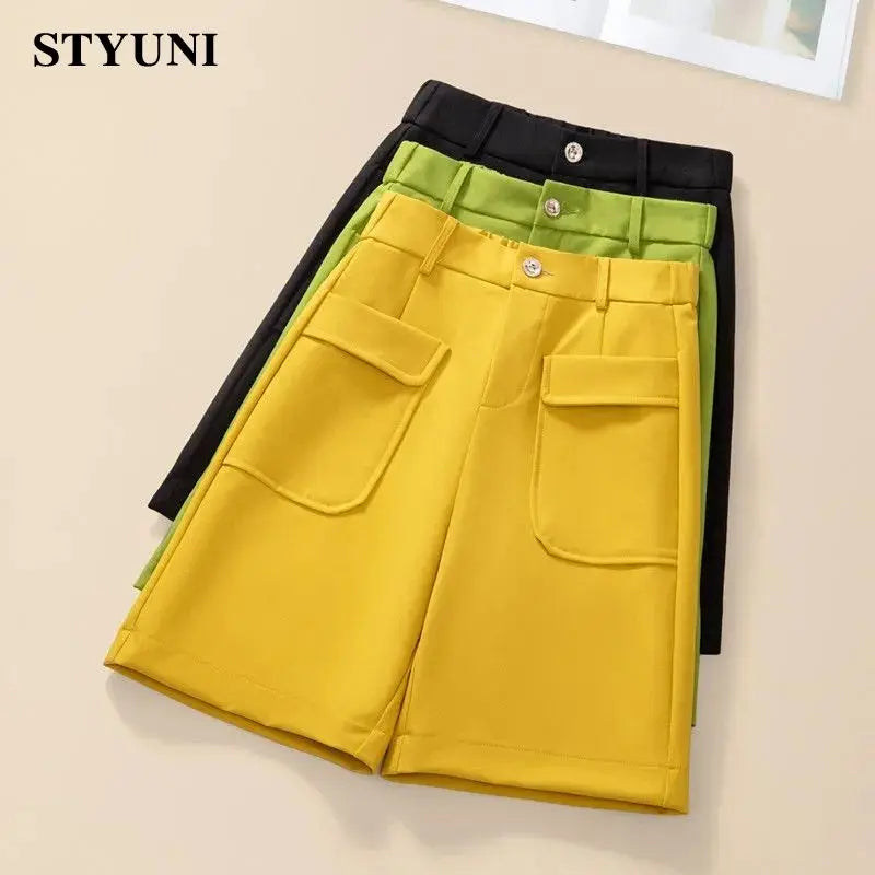 Solid Casual Straight Wide-Leg Korean Fashion Women's Shorts High Waist Button Korean Fashion Summer Spring 2024 Shorts Women