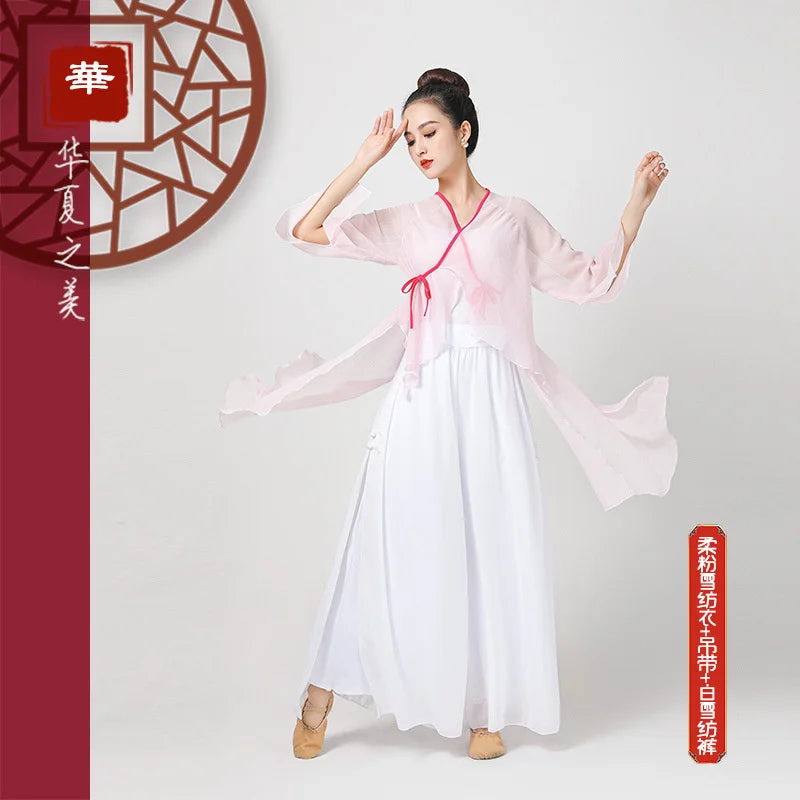 Solid Color Chiffon Elegant V-neck Suit Bandage Woman Dance Costume Hanfu Women Chinese Traditional Classical Tops Oriental 6XL