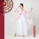 Solid Color Chiffon Elegant V-neck Suit Bandage Woman Dance Costume Hanfu Women Chinese Traditional Classical Tops Oriental 6XL