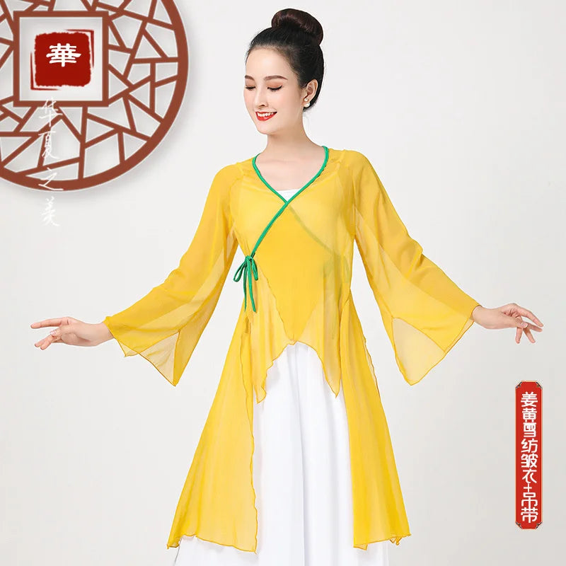 Solid Color Chiffon Elegant V-neck Suit Bandage Woman Dance Costume Hanfu Women Chinese Traditional Classical Tops Oriental 6XL