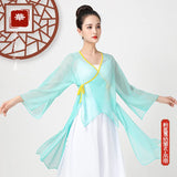 Solid Color Chiffon Elegant V-neck Suit Bandage Woman Dance Costume Hanfu Women Chinese Traditional Classical Tops Oriental 6XL