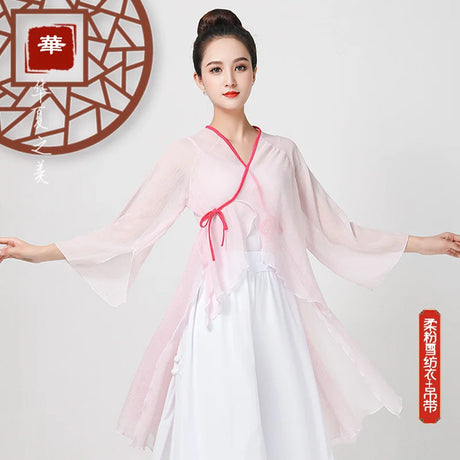 Solid Color Chiffon Elegant V-neck Suit Bandage Woman Dance Costume Hanfu Women Chinese Traditional Classical Tops Oriental 6XL