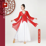 Solid Color Chiffon Elegant V-neck Suit Bandage Woman Dance Costume Hanfu Women Chinese Traditional Classical Tops Oriental 6XL