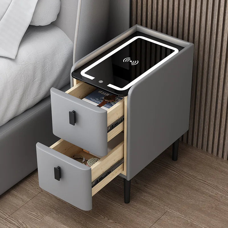 Solid Wood Bedside Table Nordic Style Smart Bedroom Nightstands with Wireless Charging USB Bluetooth Storage Cabinet