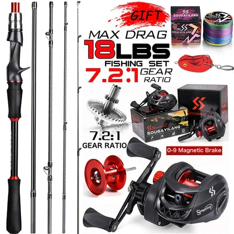 Sougayilang Casting Fishing Rod Reel Set 1.8/2.1m Carbon Fiber Casting Rod and Reel Max Drag 8kg with Line Lure for Bass Pike