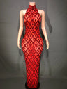 Sparkly Crystals Sequins Long Dress Women Evening Prom Party Birthday Gown Dress Sexy Mesh Transparent Show Stage Wear