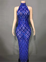 Sparkly Crystals Sequins Long Dress Women Evening Prom Party Birthday Gown Dress Sexy Mesh Transparent Show Stage Wear