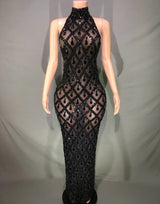 Sparkly Crystals Sequins Long Dress Women Evening Prom Party Birthday Gown Dress Sexy Mesh Transparent Show Stage Wear