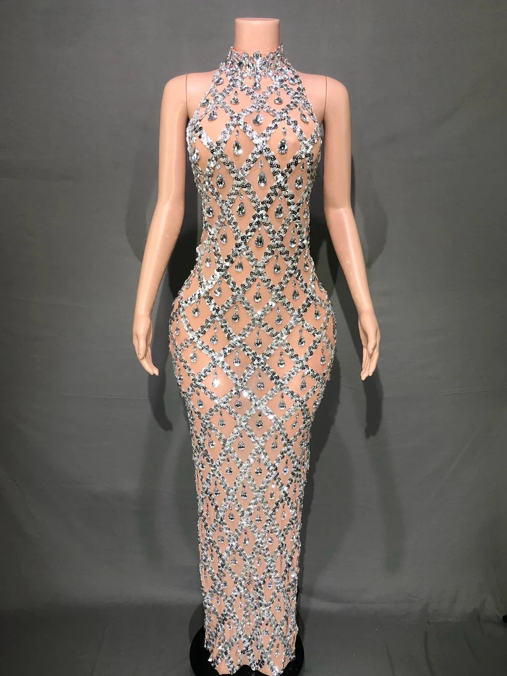 Sparkly Crystals Sequins Long Dress Women Evening Prom Party Birthday Gown Dress Sexy Mesh Transparent Show Stage Wear