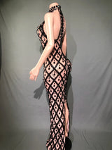 Sparkly Crystals Sequins Long Dress Women Evening Prom Party Birthday Gown Dress Sexy Mesh Transparent Show Stage Wear