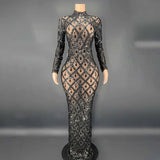 Sparkly Silver Big Rhinestone Transparent Long Dress Evening Birthday Celebrate Luxurious Costume Dancer Flashing Dress