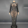 Sparkly Silver Big Rhinestone Transparent Long Dress Evening Birthday Celebrate Luxurious Costume Dancer Flashing Dress